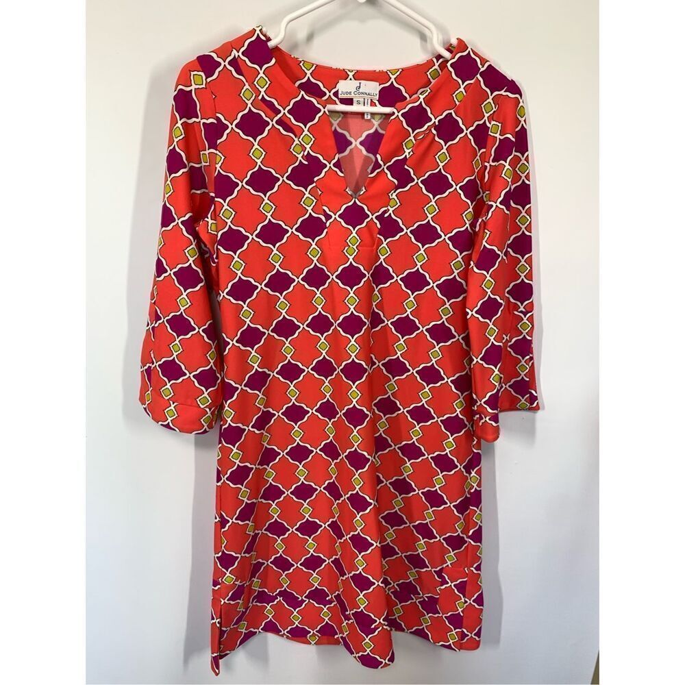 Jude Connally Women's Geometric Print Split Neck Tunic Dress Multicolor Small